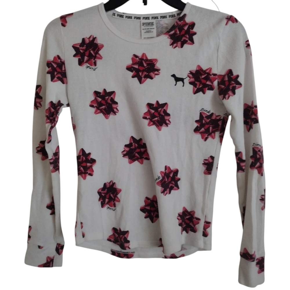 Pink Victoria's Secret thermal Christmas wrap bow holiday top red white Size XS